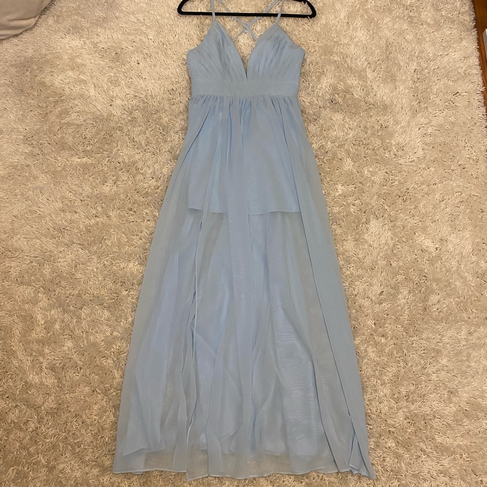 Sky blue maxi dress with right leg slit (not as high as shown in photo)